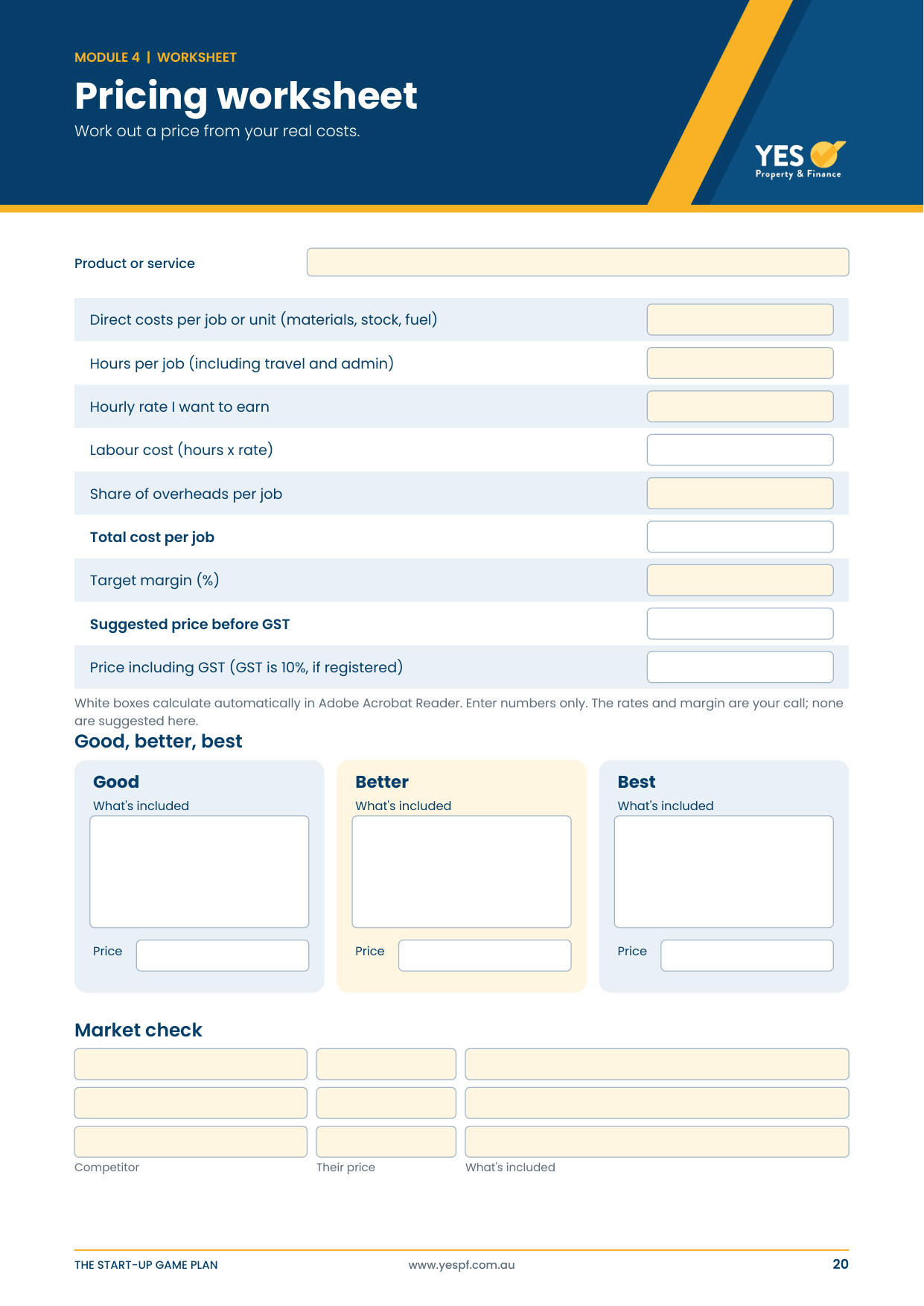 The Start-Up Game Plan: the pricing worksheet